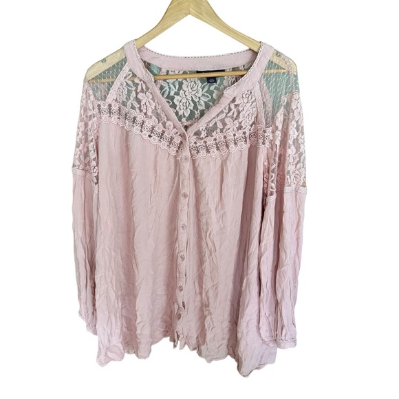 Roaman's Womans Sz 22W Blouse Long Sleeve Floral Lace Pink V Neck Button Front - Picture 3 of 11